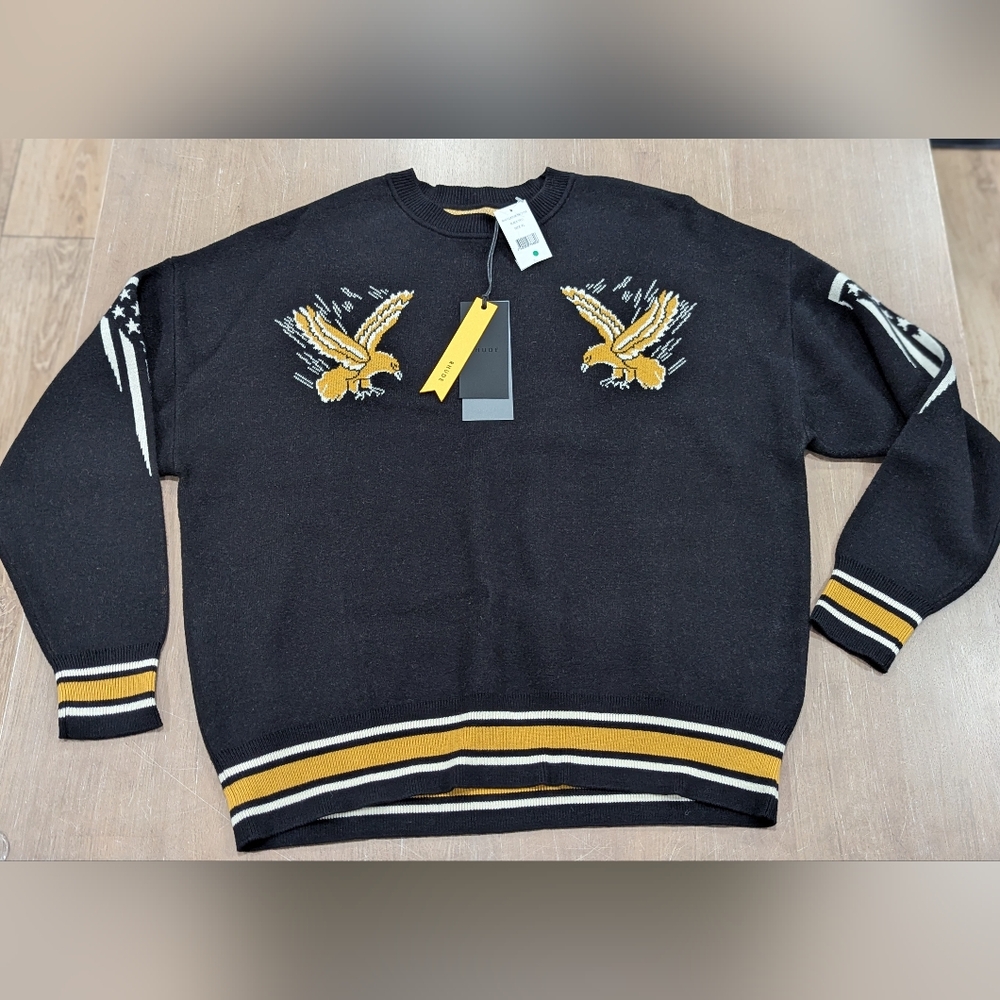 $1729 Mens RHUDE Eagle Souvenir Wool/Cashmere Sweater Black/Yellow Medium